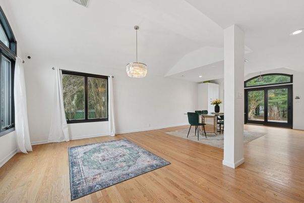 Dining room, Interior, Pendant Lights, Recessed Lighting, Wood Texture Flooring