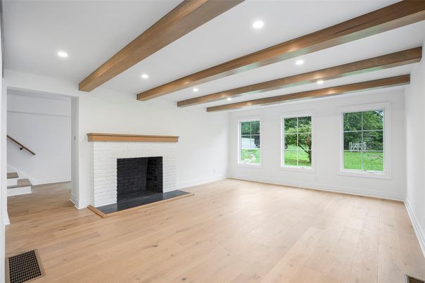 Empty room, Fireplace, Interior, Recessed Lighting, Wooden Beams, Wood Texture Flooring