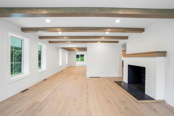 Empty room, Fireplace, Interior, Recessed Lighting, Wooden Beams, Wood Texture Flooring
