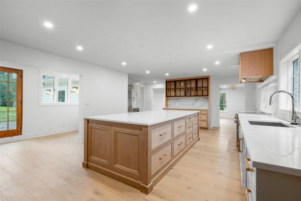 Interior, Kitchen, Marble Walls, Recessed Lighting, Wood Texture Flooring