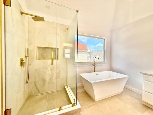 Bathroom, Free Standing Baths, Glass Shower, Interior, Marble Walls