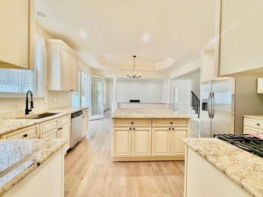 Chandelier, Interior, Kitchen, Pendant Lights, Recessed Lighting, Stainless Steel Appliances, Wood Texture Flooring
