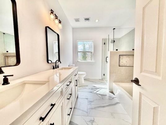 Bathroom, Dual Sink Vanities, Interior, Marble, Recessed Lighting