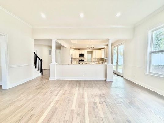 Chandelier, Interior, Kitchen, Recessed Lighting, Stainless Steel Appliances, Wood Texture Flooring