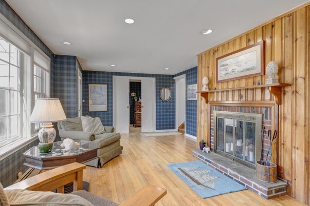 Fireplace, Interior, Recessed Lighting, Wood Texture Flooring, Wooden Walls