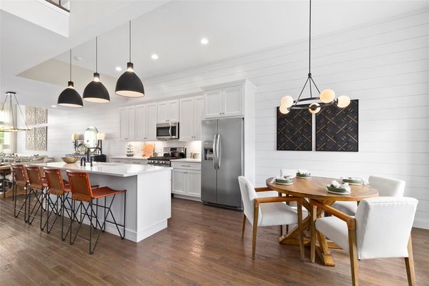 Dining room, Interior, Kitchen, Pendant Lights, Recessed Lighting, Stainless Steel Appliances, Wood Texture Flooring