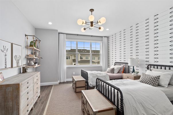 Bedroom, Interior, Pendant Lights, Recessed Lighting, Wood Texture Flooring