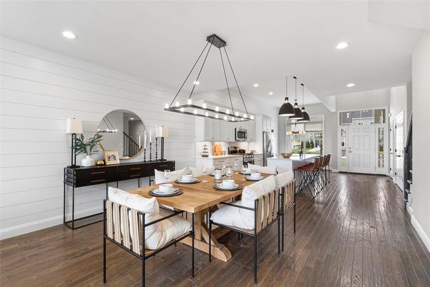 Dining room, Interior, Kitchen, Pendant Lights, Recessed Lighting, Wood Texture Flooring