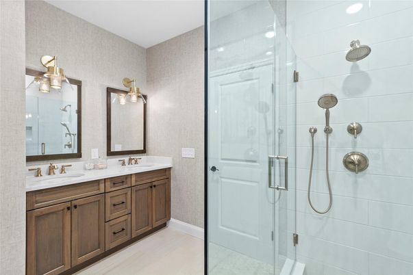 Bathroom, Dual Sink Vanities, Glass Shower, Interior, Recessed Lighting