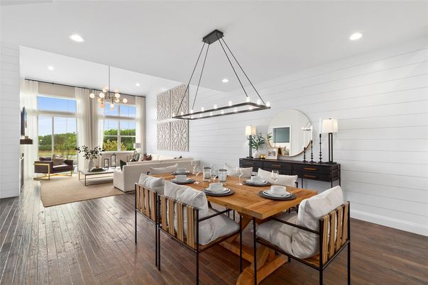 Dining room, Interior, Living room, Pendant Lights, Recessed Lighting, Wood Texture Flooring