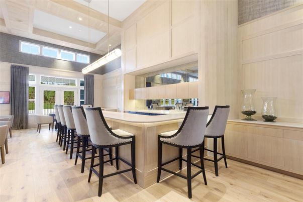 Dining room, Interior, Pendant Lights, Recessed Lighting, Wood Texture Flooring