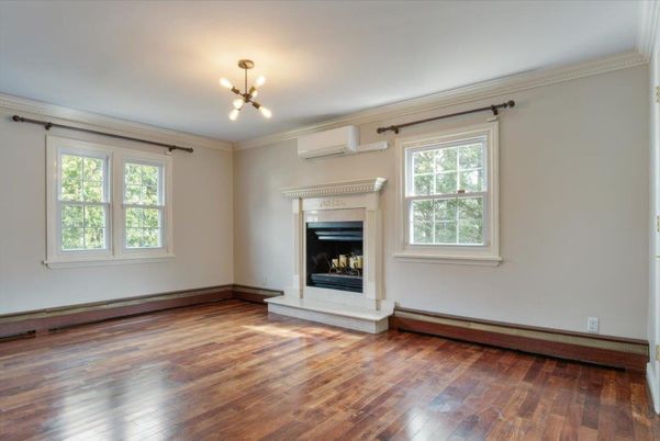 Empty room, Fireplace, Interior, Pendant Lights, Wood Texture Flooring