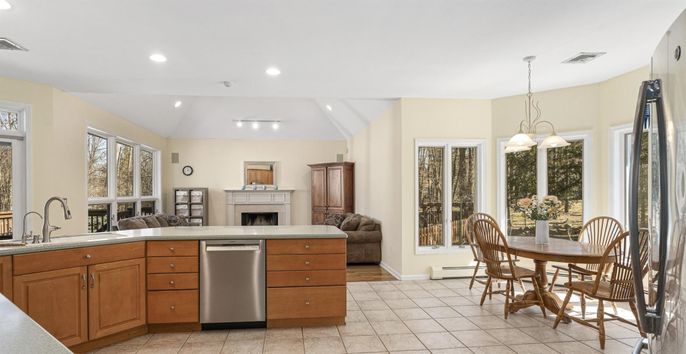 Dining room, Fireplace, Interior, Kitchen, Pendant Lights, Recessed Lighting, Stainless Steel Appliances