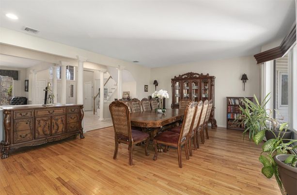Dining room, Interior, Recessed Lighting, Wood Texture Flooring