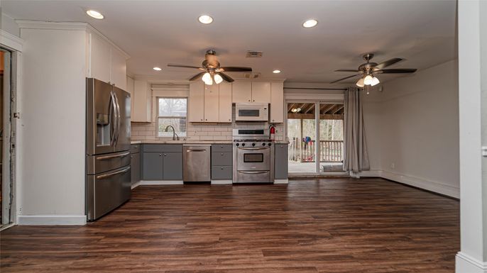 Interior, Kitchen, Recessed Lighting, Stainless Steel Appliances, Wood Texture Flooring