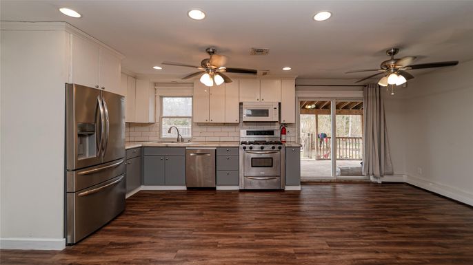 Interior, Kitchen, Recessed Lighting, Stainless Steel Appliances, Wood Texture Flooring