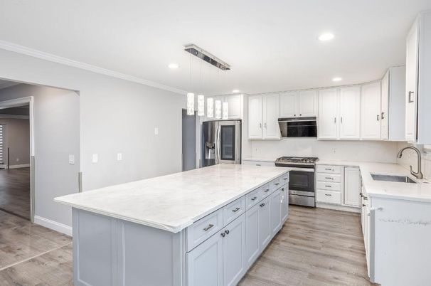 Interior, Kitchen, Pendant Lights, Recessed Lighting, Stainless Steel Appliances, Wood Texture Flooring
