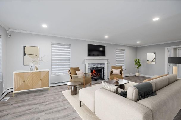Fireplace, Interior, Living room, Recessed Lighting, Wood Texture Flooring