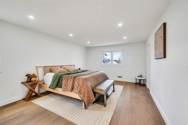 Bedroom, Interior, Recessed Lighting, Wood Texture Flooring