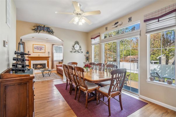 Dining room, Fireplace, Interior, Living room, Wood Texture Flooring