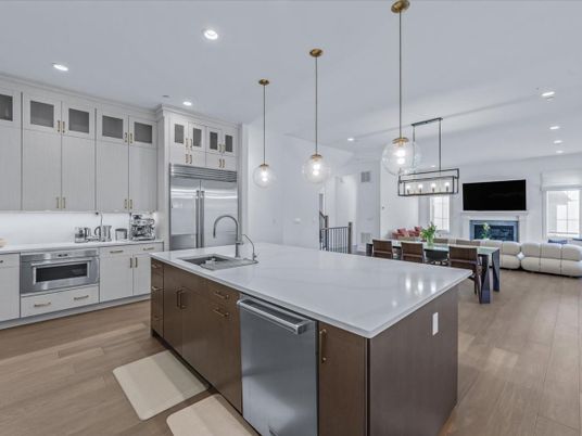 Dining room, Fireplace, Interior, Kitchen, Living room, Pendant Lights, Recessed Lighting, Stainless Steel Appliances, Wood Texture Flooring