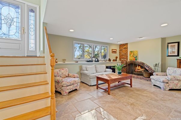 Fireplace, Interior, Living room, Recessed Lighting, Stone Walls