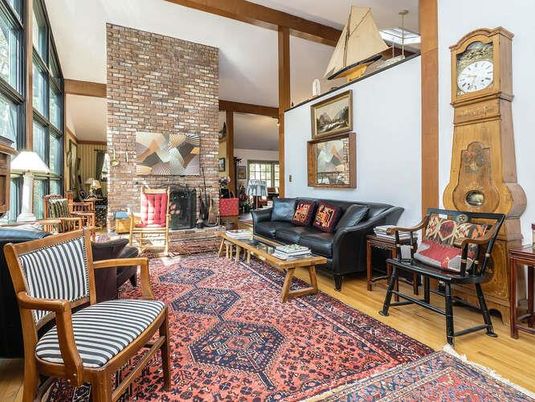 Dining room, Fireplace, Interior, Living room, Pendant Lights, Stone Walls, Wooden Beams, Wood Texture Flooring