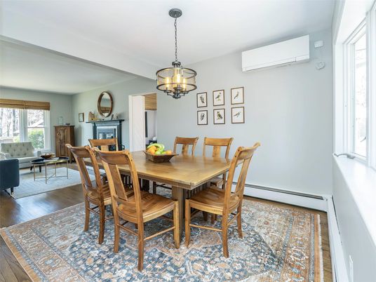 Dining room, Fireplace, Interior, Pendant Lights, Wood Texture Flooring