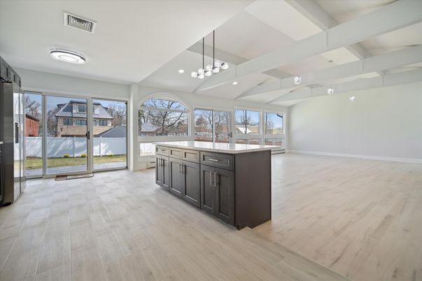 Interior, Kitchen, Pendant Lights, Recessed Lighting, Wood Texture Flooring
