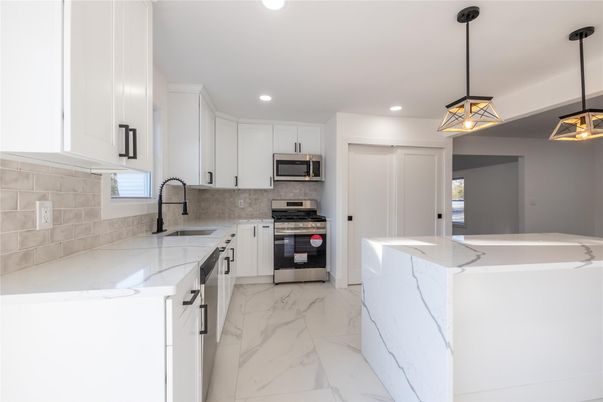 Interior, Kitchen, Marble, Pendant Lights, Recessed Lighting, Stainless Steel Appliances