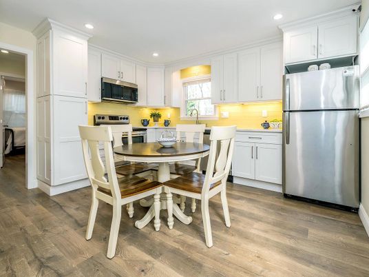 Dining room, Interior, Kitchen, Recessed Lighting, Stainless Steel Appliances, Wood Texture Flooring