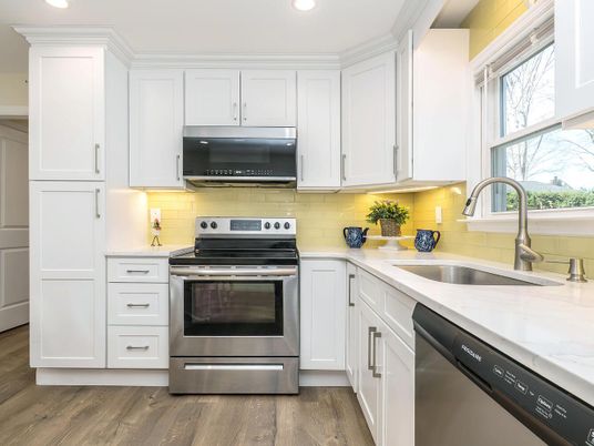 Interior, Kitchen, Recessed Lighting, Stainless Steel Appliances, Wood Texture Flooring