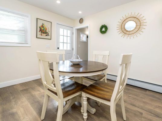 Dining room, Interior, Recessed Lighting, Wood Texture Flooring