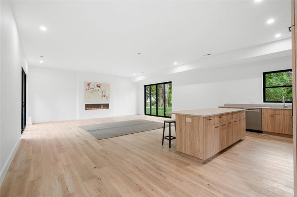 Fireplace, Interior, Kitchen, Recessed Lighting, Wood Texture Flooring