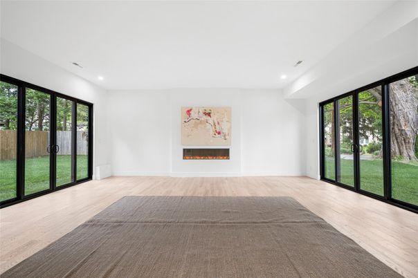 Empty room, Fireplace, Interior, Recessed Lighting, Wood Texture Flooring