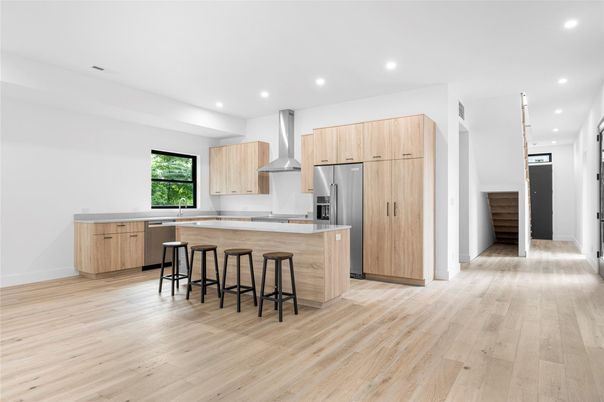 Interior, Kitchen, Recessed Lighting, Stainless Steel Appliances, Wood Texture Flooring