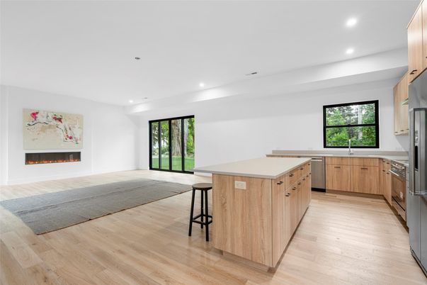 Fireplace, Interior, Kitchen, Recessed Lighting, Wood Texture Flooring
