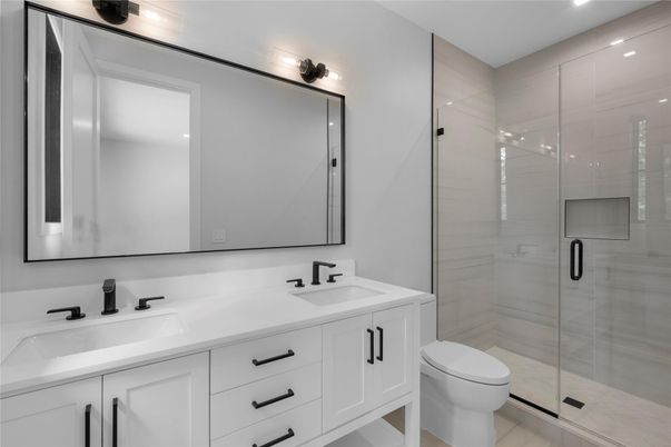 Bathroom, Dual Sink Vanities, Glass Shower, Interior, Recessed Lighting