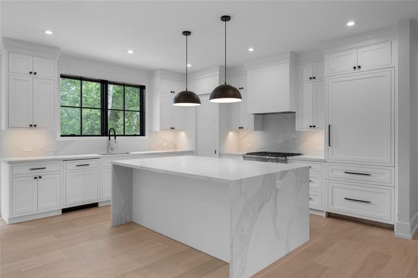 Interior, Kitchen, Marble Walls, Pendant Lights, Recessed Lighting, Wood Texture Flooring
