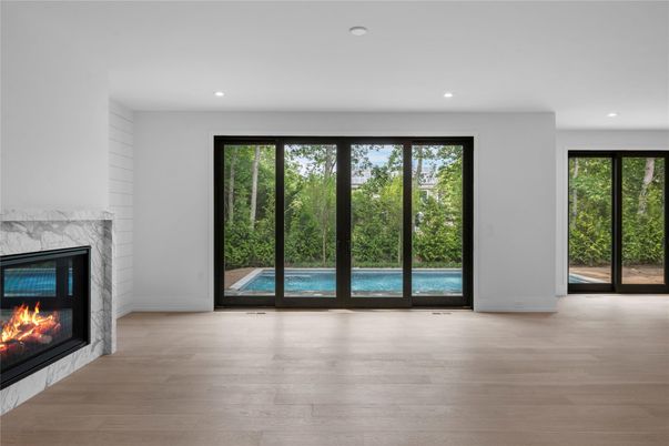 Empty room, Fireplace, Interior, Recessed Lighting, Wood Texture Flooring