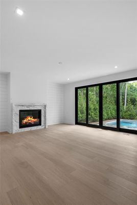 Empty room, Fireplace, Interior, Recessed Lighting, Wood Texture Flooring