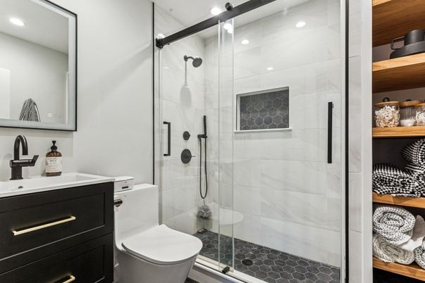 Bathroom, Glass Shower, Interior, Recessed Lighting