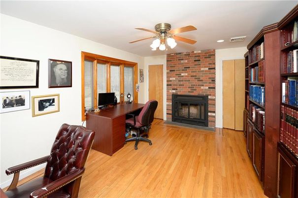 Fireplace, Home Office, Interior, Recessed Lighting, Stone Walls, Wood Texture Flooring