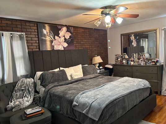 Bedroom, Interior, Stone Walls, Wood Texture Flooring
