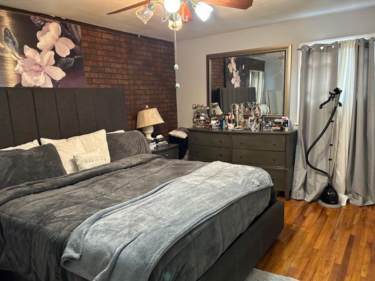 Bedroom, Interior, Stone Walls, Wood Texture Flooring
