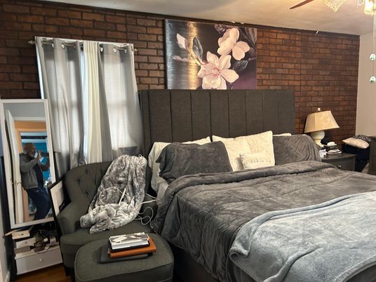 Bedroom, Interior, Stone Walls, Wood Texture Flooring