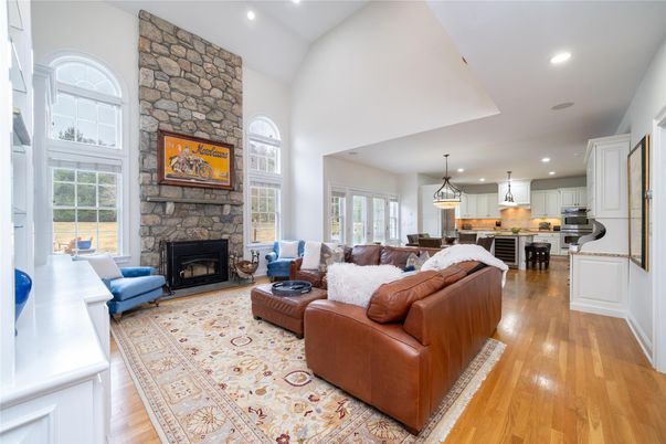 Dining room, Fireplace, Interior, Kitchen, Living room, Pendant Lights, Recessed Lighting, Stone Walls, Wood Texture Flooring