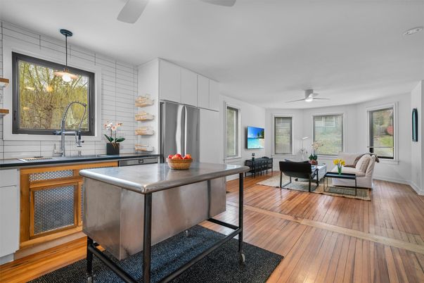 Dining room, Interior, Kitchen, Living room, Pendant Lights, Stainless Steel Appliances, Wood Texture Flooring