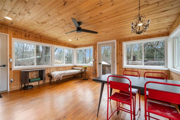 Dining room, Interior, Recessed Lighting, Wooden Ceilings, Wood Texture Flooring, Wooden Walls