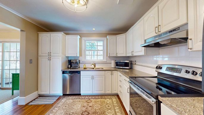 Interior, Kitchen, Recessed Lighting, Stainless Steel Appliances, Wood Texture Flooring